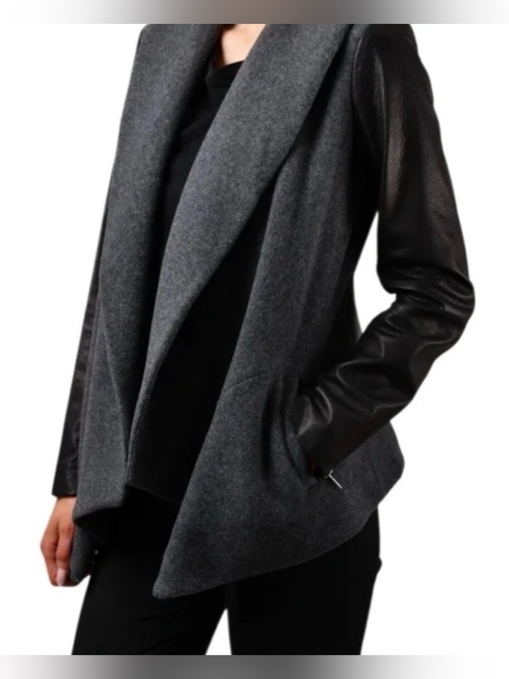 Theory Gray Wool-Blend Coat with Lamb Leather Sleeves